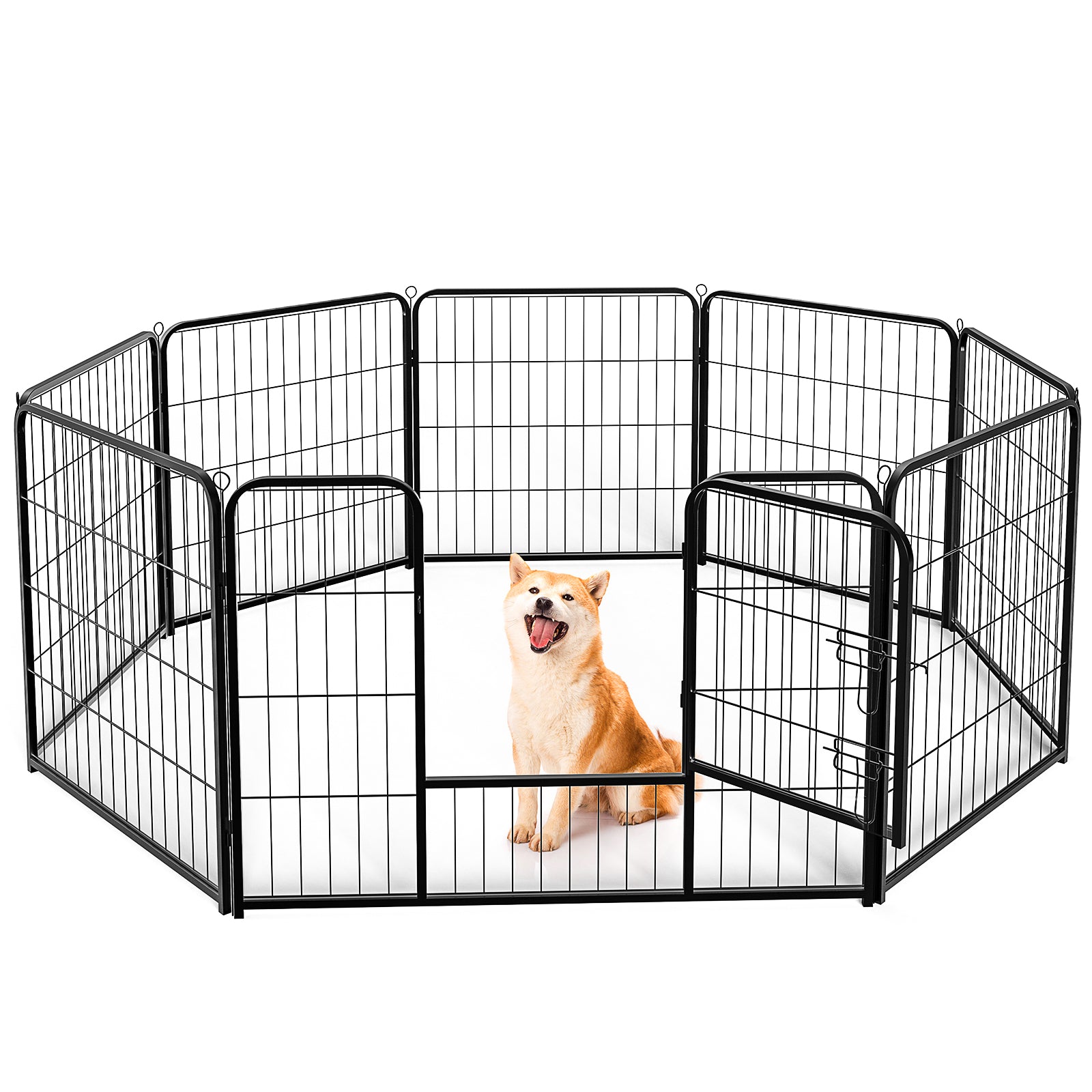 8-panel indoor dog fence with single door gate, black wire construction front view