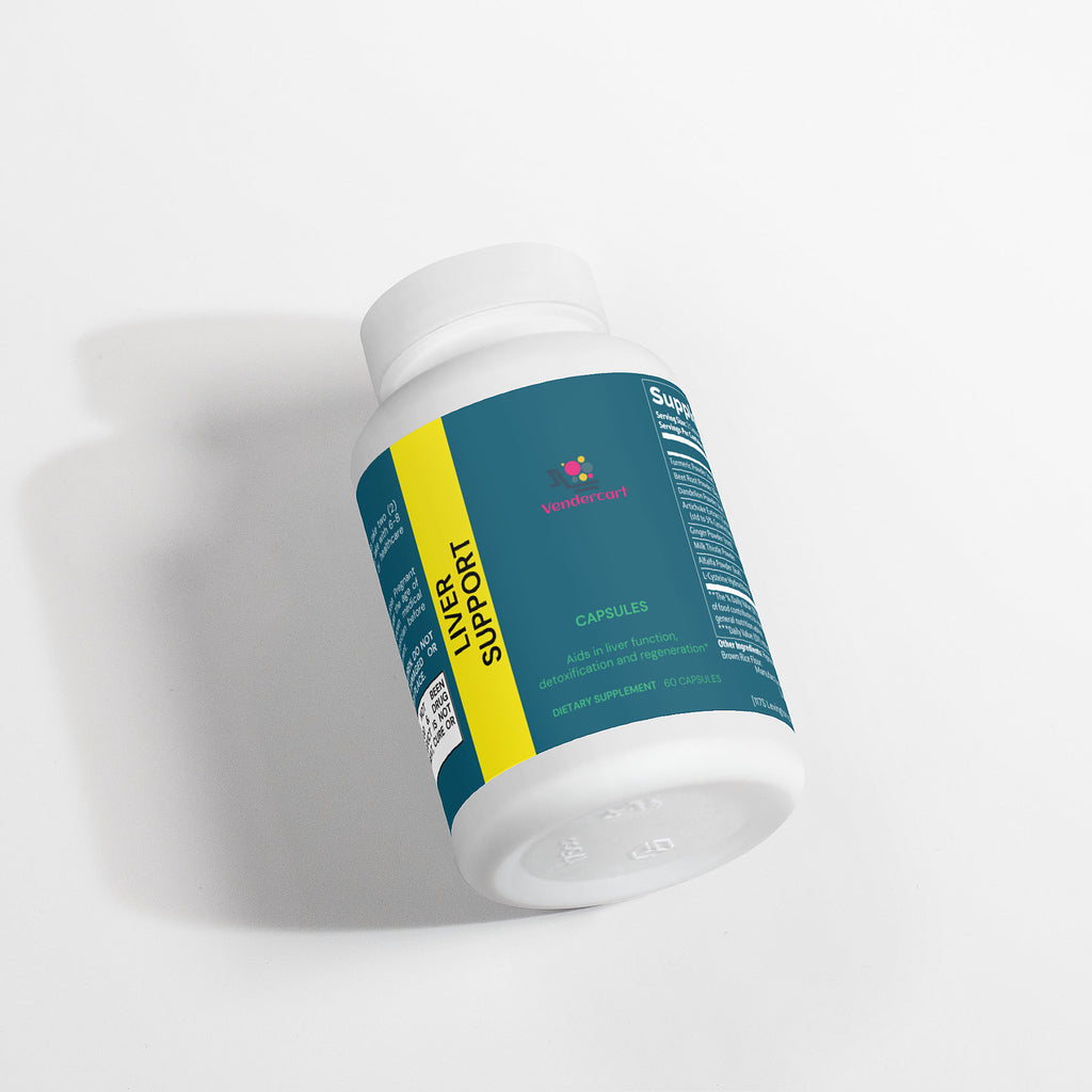 Liver support supplement bottle, teal and yellow label, with white cap