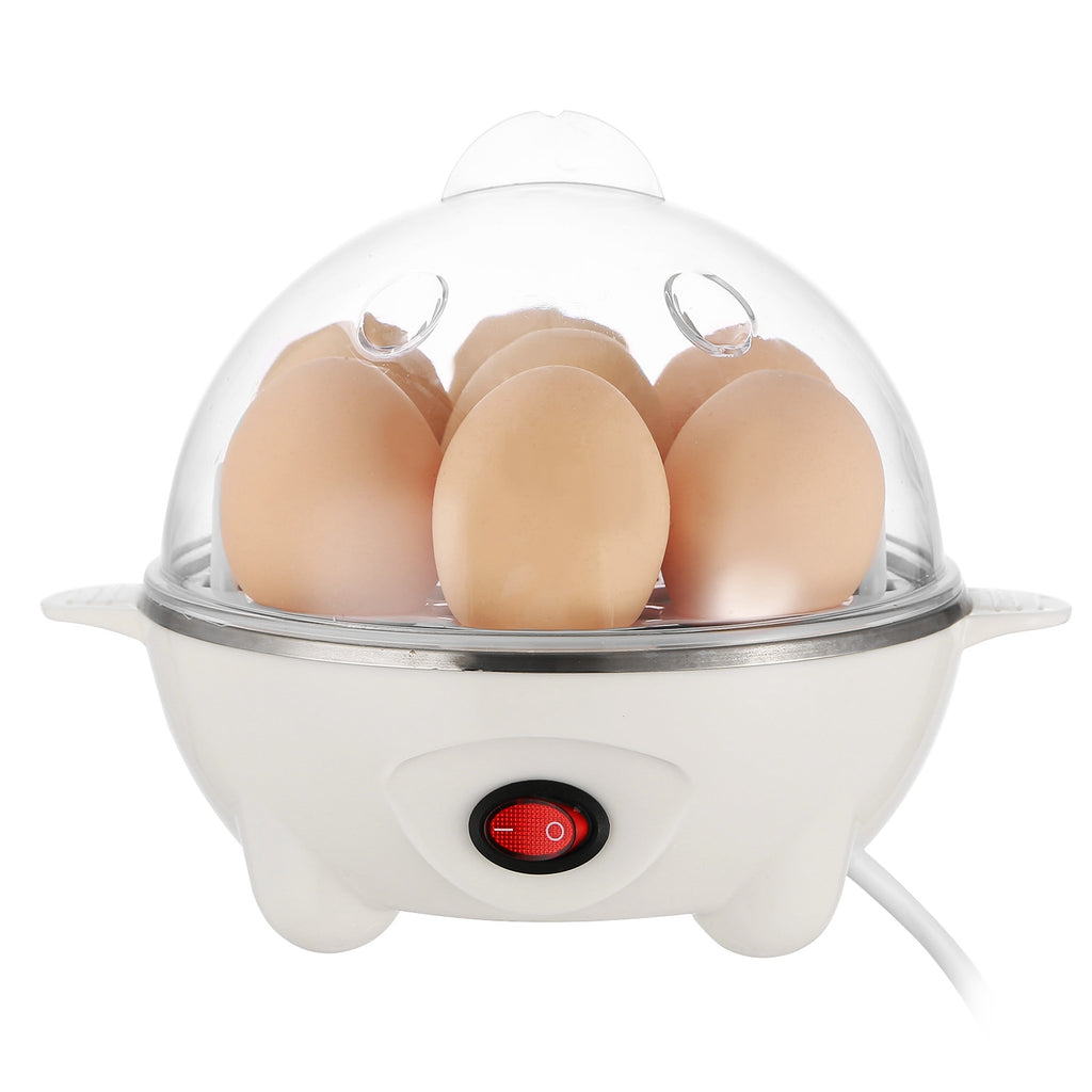 White 7-egg electric egg cooker with clear dome lid and brown eggs inside