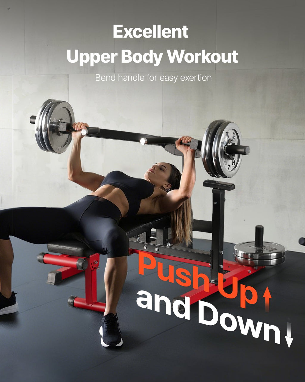 Bench press machine with padded black incline bench and barbell for home workouts