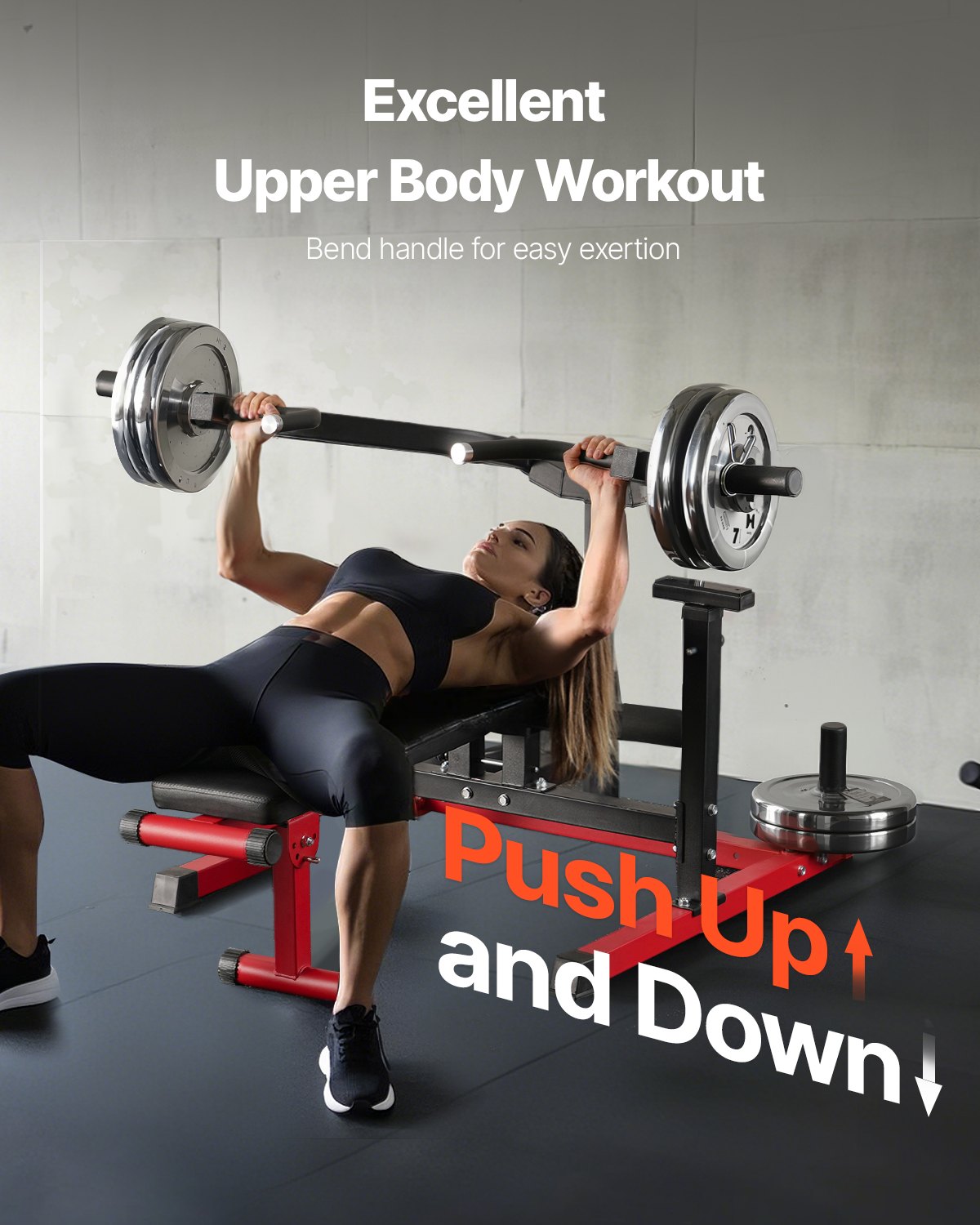 Bench press machine with padded black incline bench and barbell for home workouts