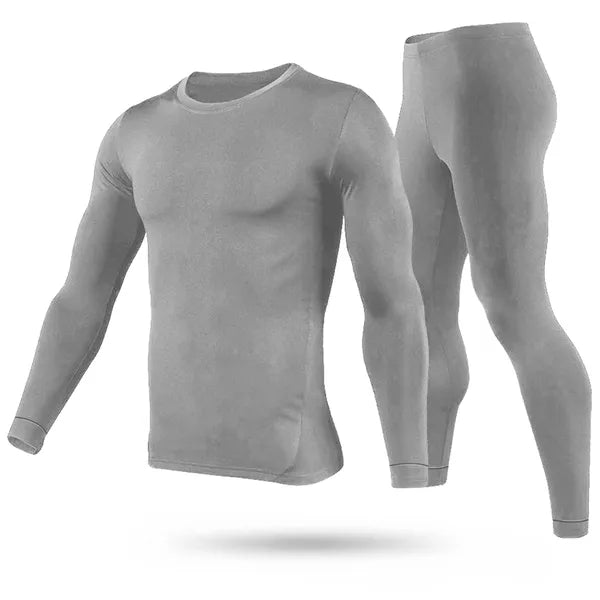 Grey men's thermal base layer set with crewneck long-sleeve top and leggings