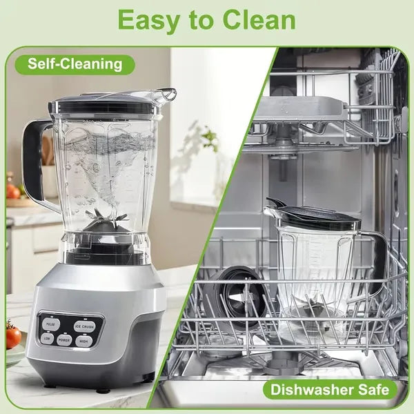 Silver blender with self-cleaning design and dishwasher-safe pitcher