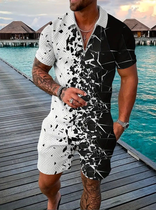 Black and white abstract geometric short-sleeve athletic set with drawstring shorts