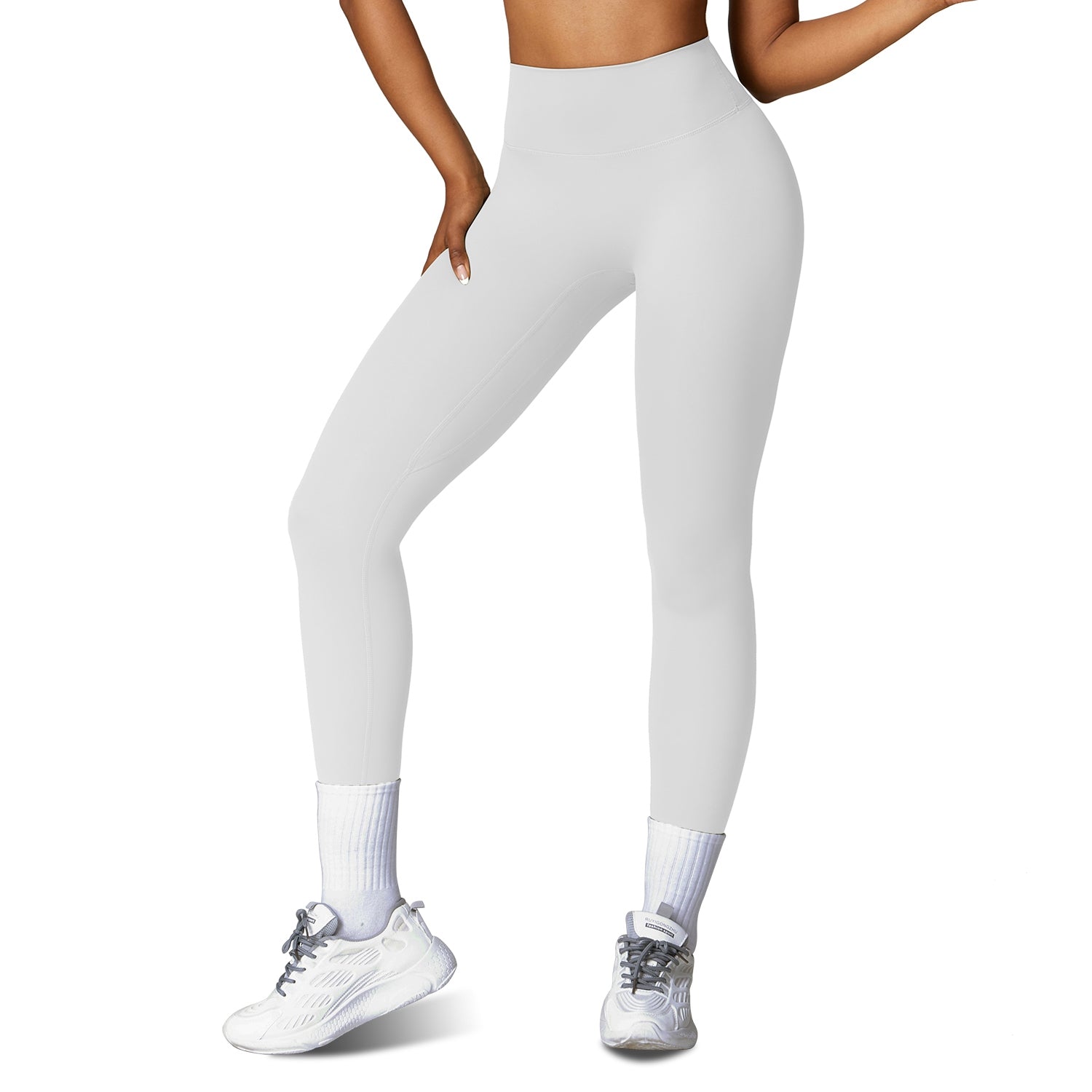 High-waist workout leggings in light grey, sleek compression fit and ankle-length legs
