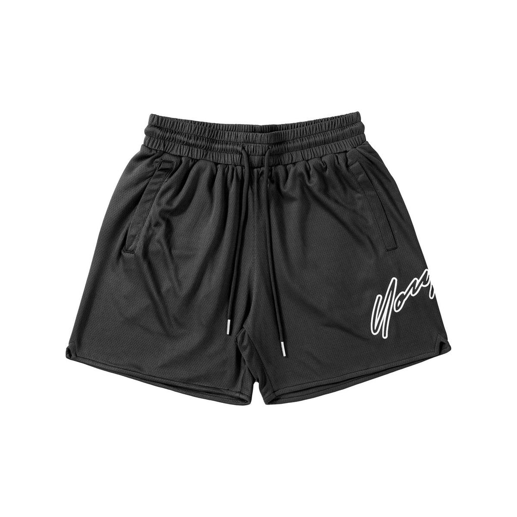 Black quick-dry training shorts with elastic waistband, drawstring and side logo.
