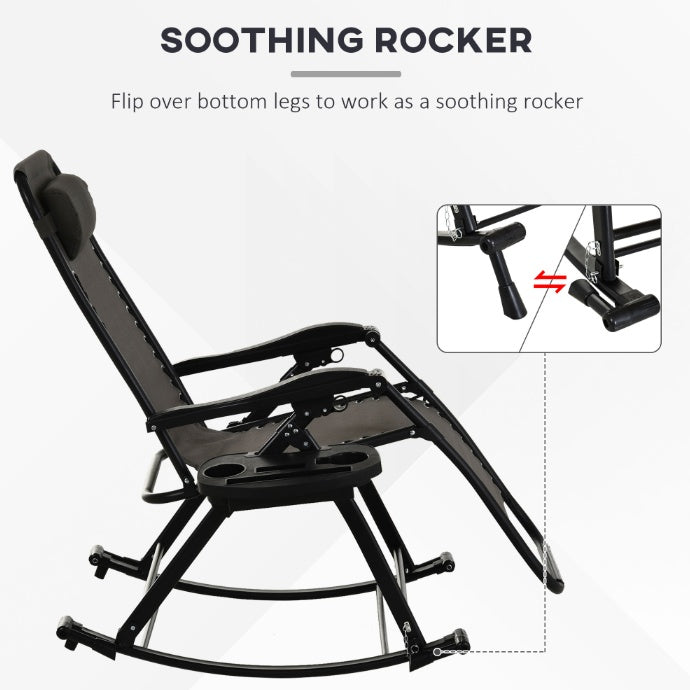 Reclining rocker chair with curved base and flip-up leg supports, black frame, gray fabric