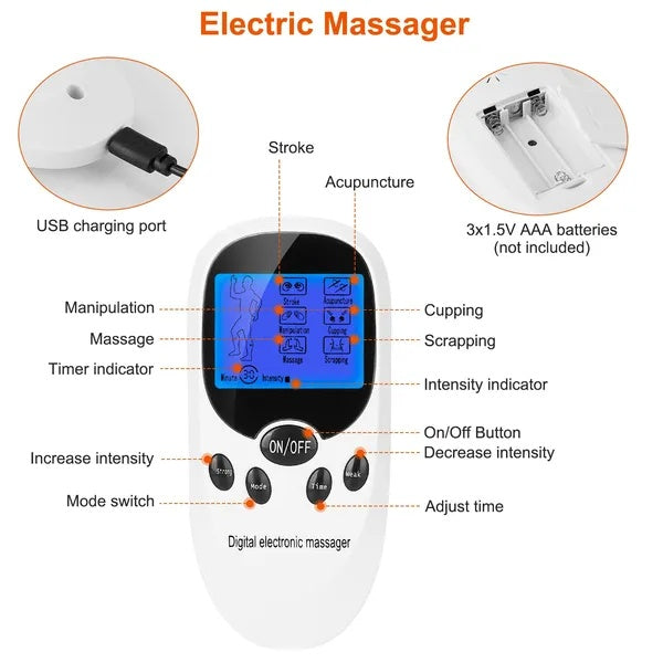 Front view of white TENS pulse massager with intensity and timer indicators