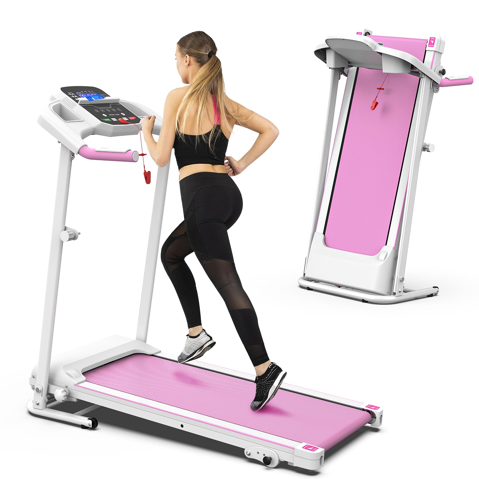 Folding treadmill with pink running deck, white frame, and black handrails