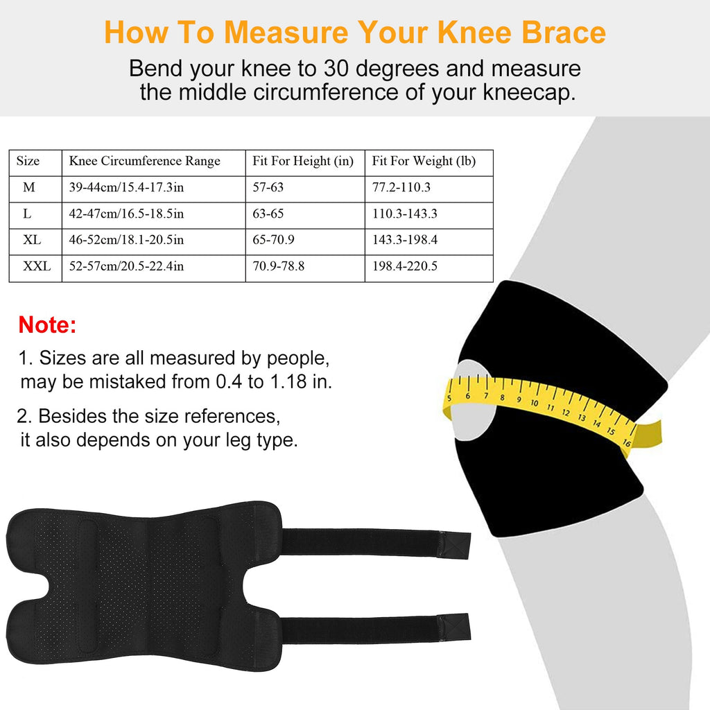 Black knee brace sizing with measuring tape; open-knee design and two adjustable straps