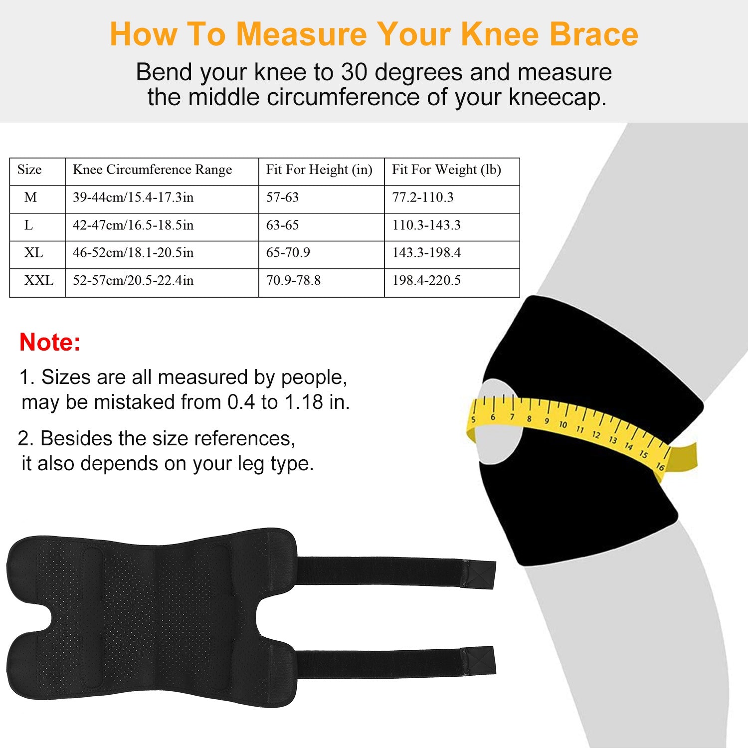 Black knee brace sizing with measuring tape; open-knee design and two adjustable straps