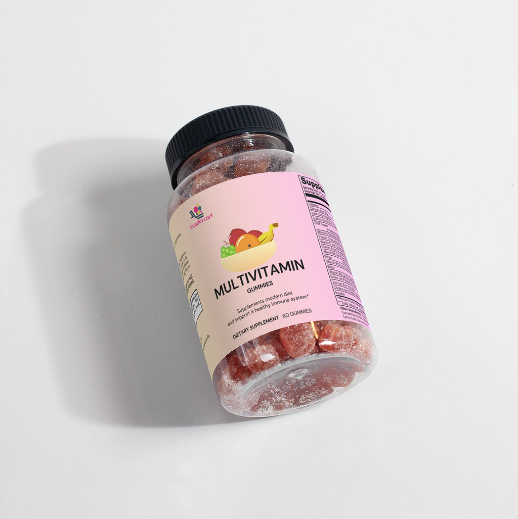Multivitamin bear gummies bottle with black cap, back label facing up