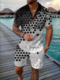 Black and white geometric cube print short-sleeve athletic set with drawstring shorts