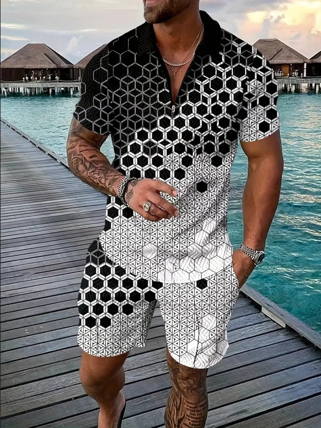 Black and white geometric cube print short-sleeve athletic set with drawstring shorts