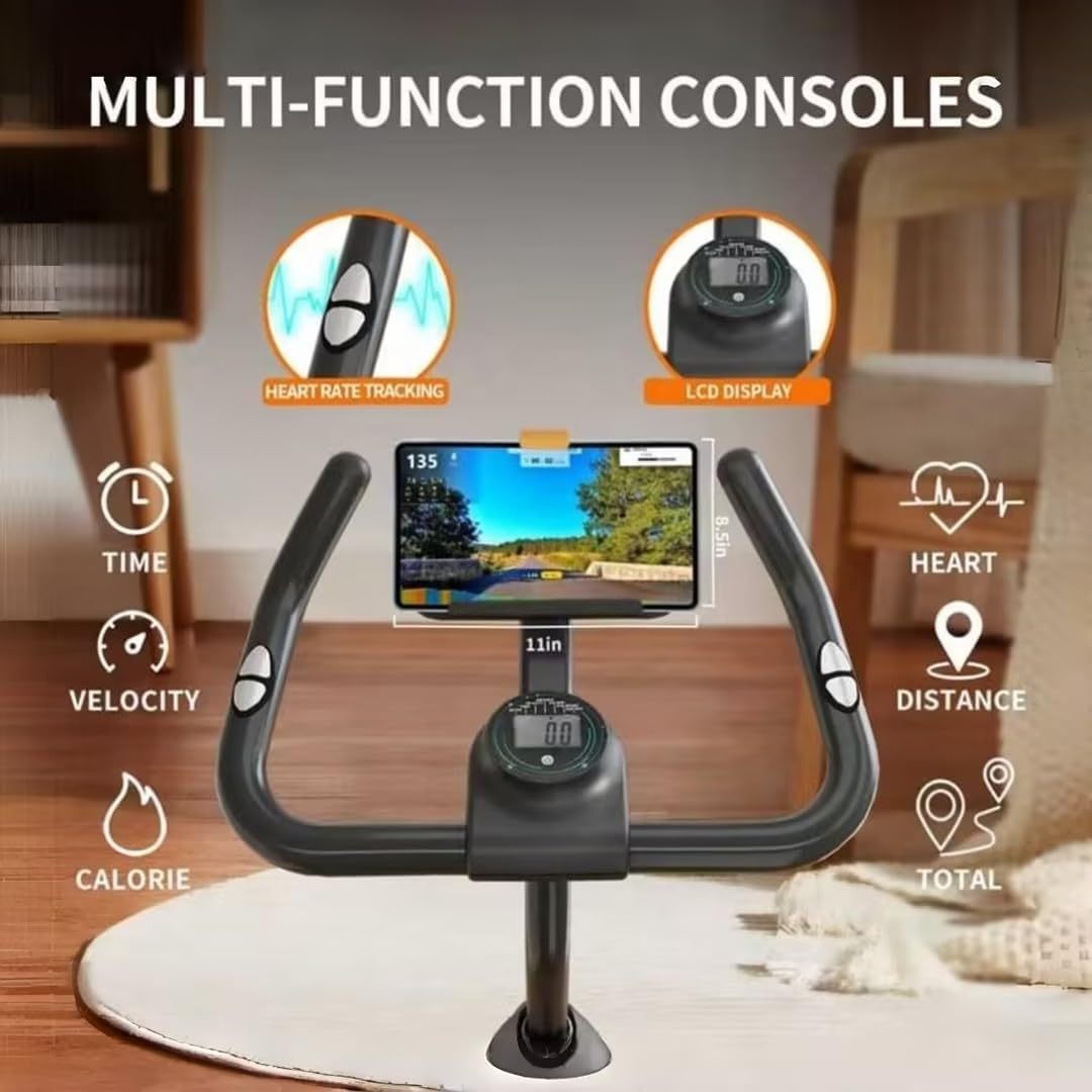 Black spin bike console with LCD screen and sensor display for training metrics.