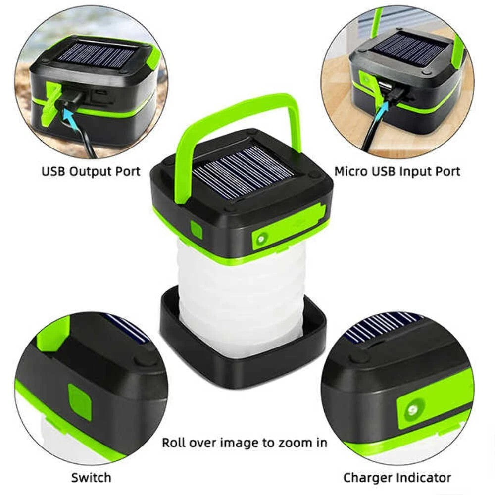 Solar camping lantern with green handle, solar panel, and USB and Micro USB charging ports