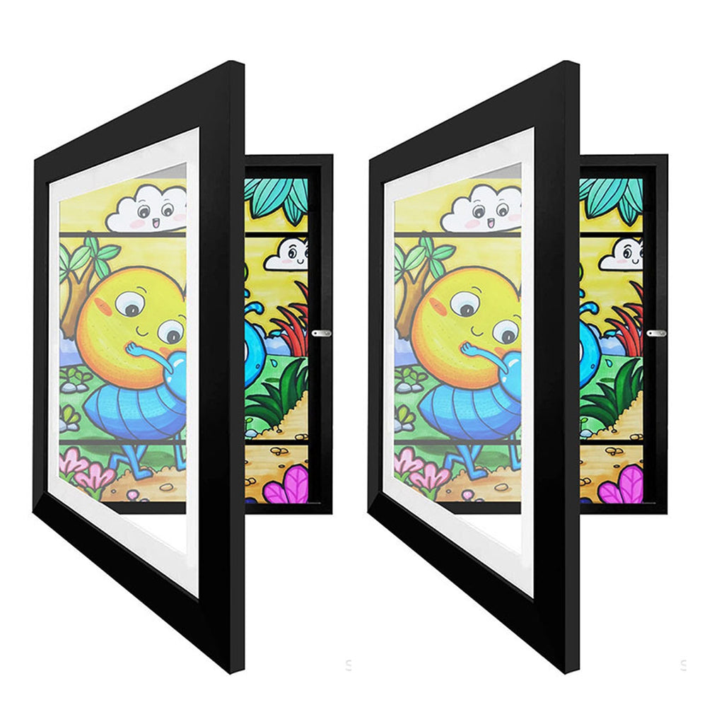Two black front-opening A4 art frames angled open and closed, with colorful artwork inside.
