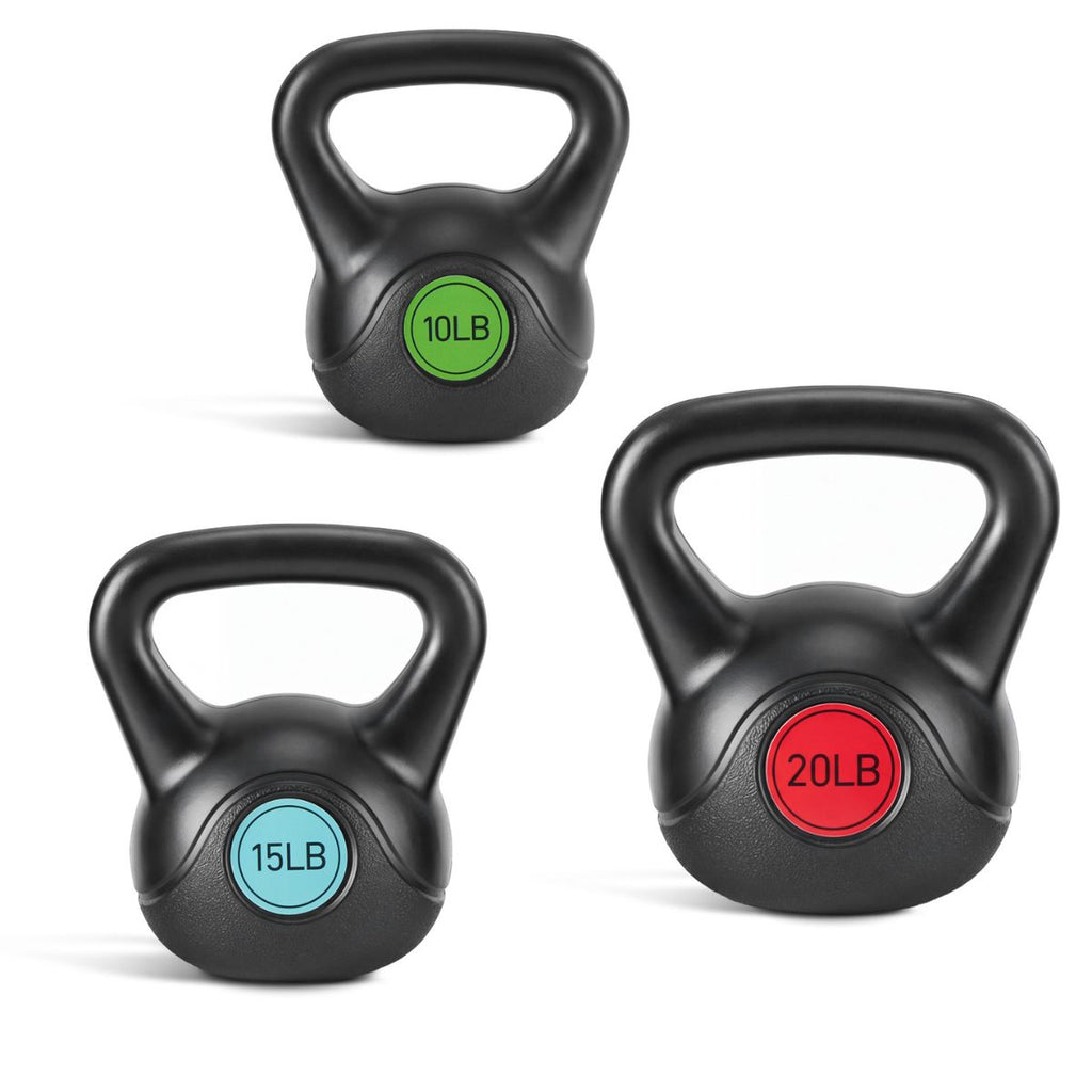 Black kettlebell with wide handle and 10LB green, 15LB blue, 20LB red weight badges