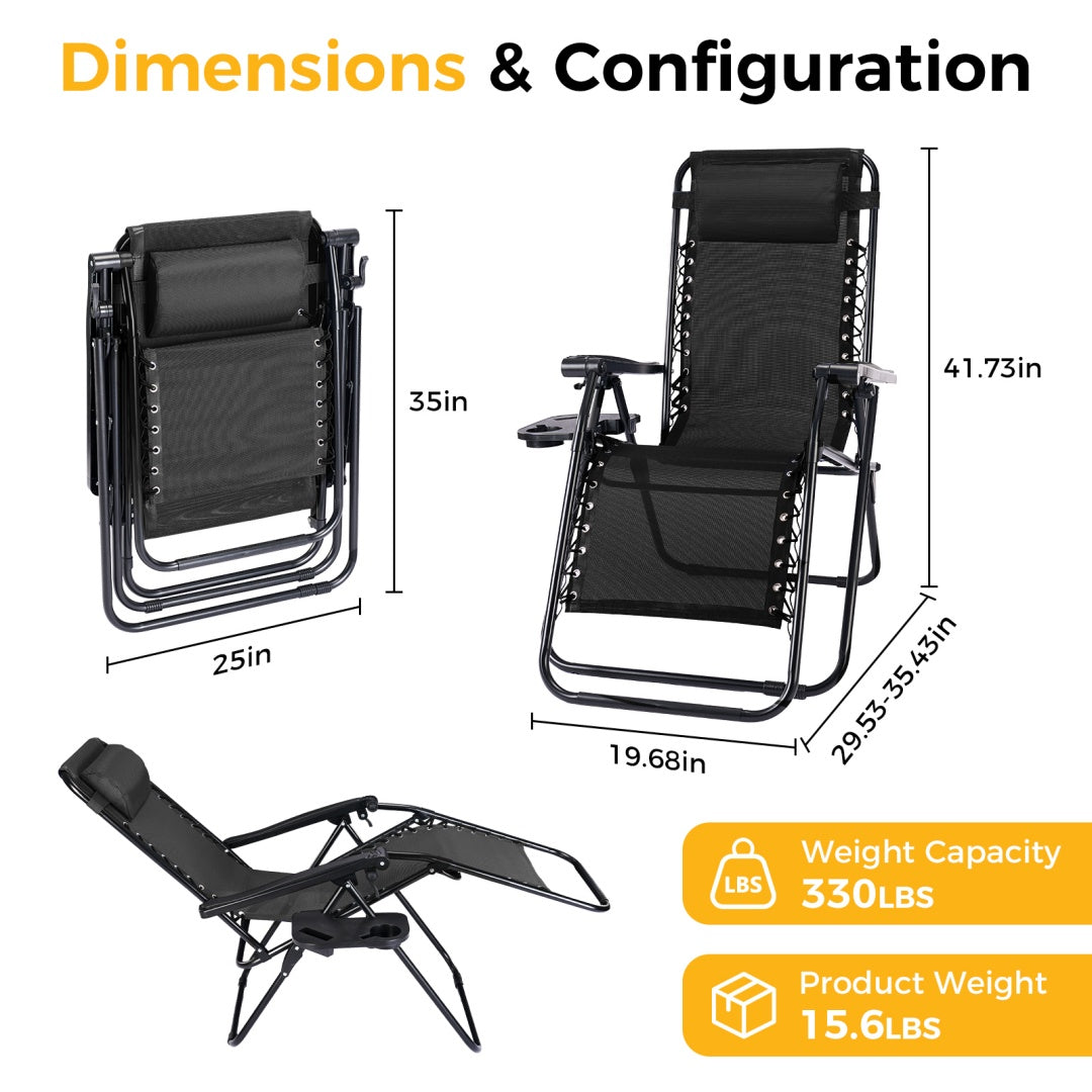 Black folding lounge recliner set with pillow; size diagram view showing folded and reclined.