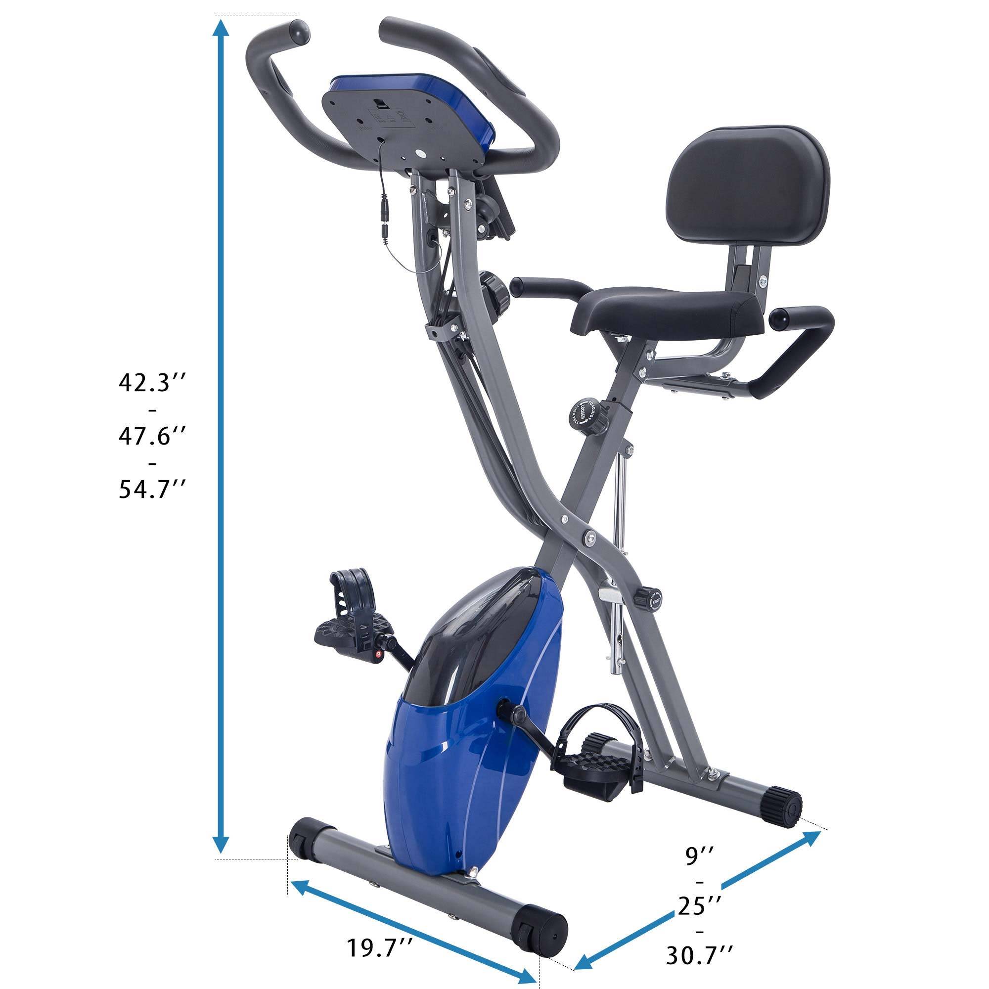 Folding exercise bike with upright seat, handlebars, and blue flywheel housing