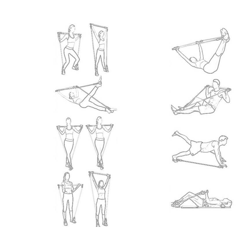 Resistance stick workout guide diagram with seated, standing, and lying exercise poses