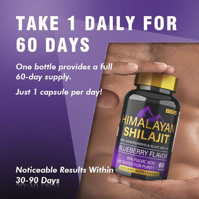 Hand holding Himalayan shilajit blueberry flavor bottle with gold cap, 60 gummies