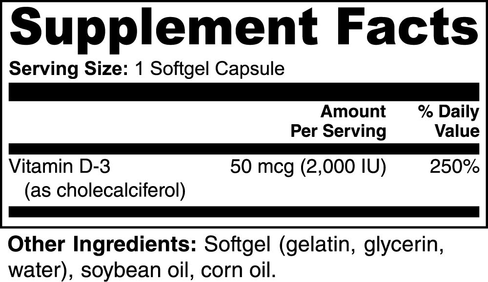 Supplement Facts panel: Vitamin D-3 50 mcg (2,000 IU) per softgel