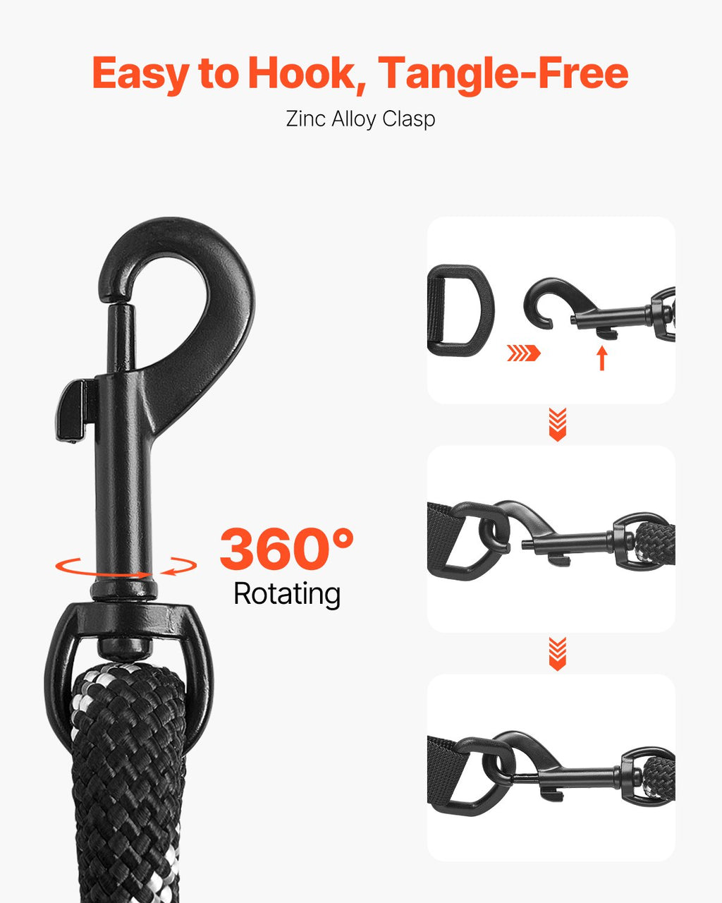 Reflective rope dog leash with rotating metal clasp and hook