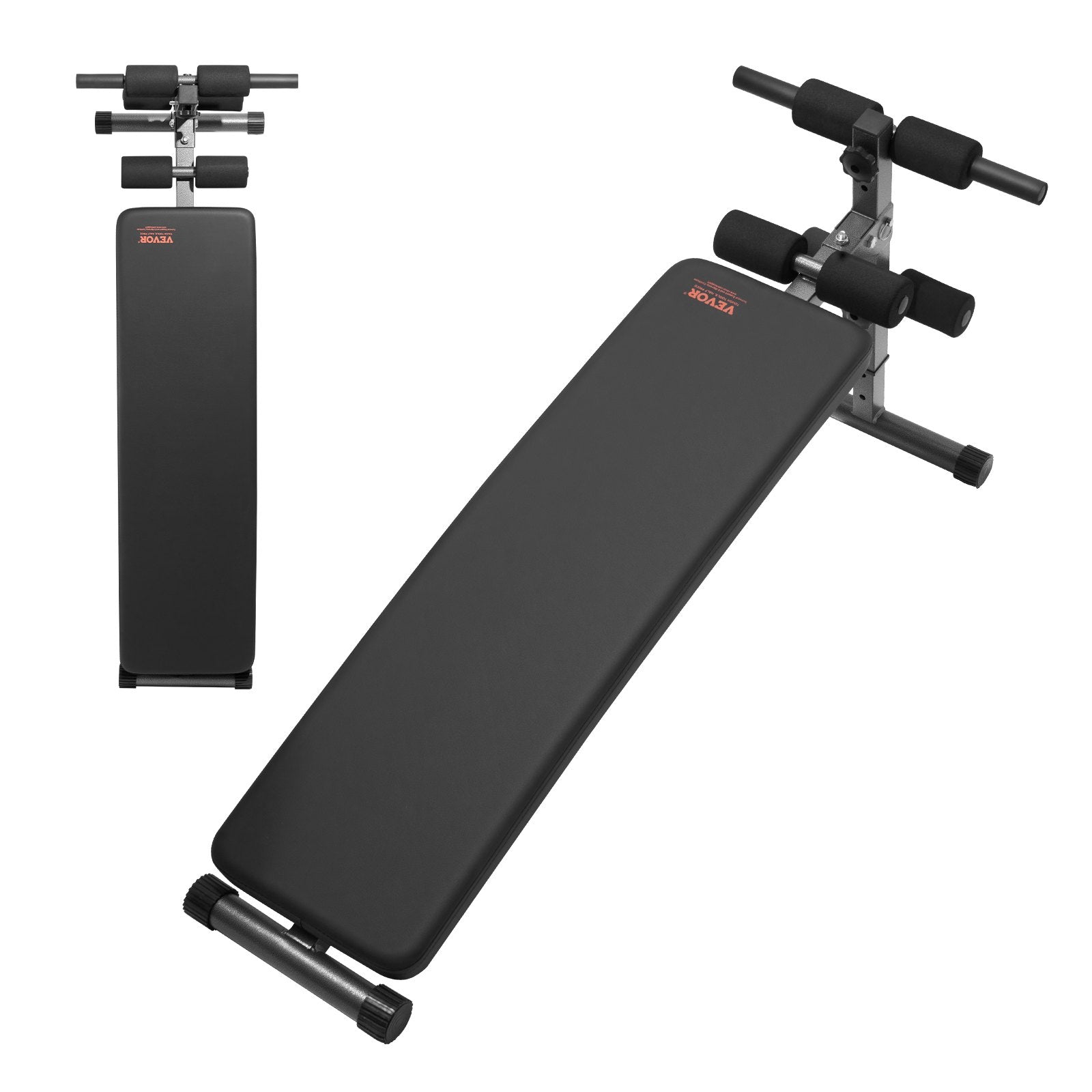 Folding curved decline ab bench angled with black padded rollers and back support