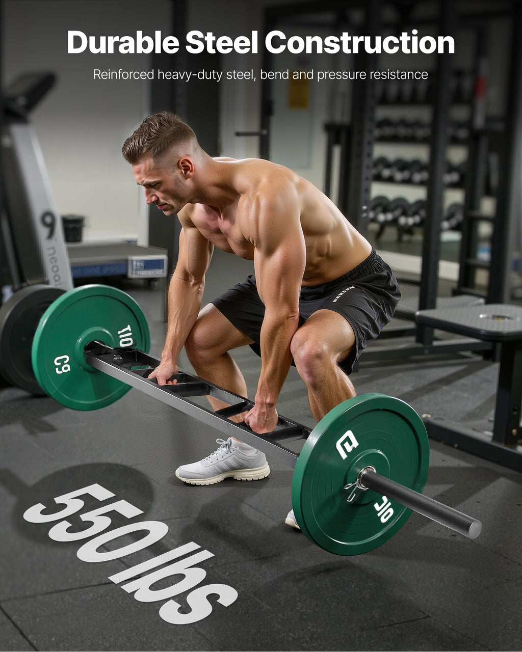Multi-grip Swiss barbell held for exercise, with knurled black grips and end collars