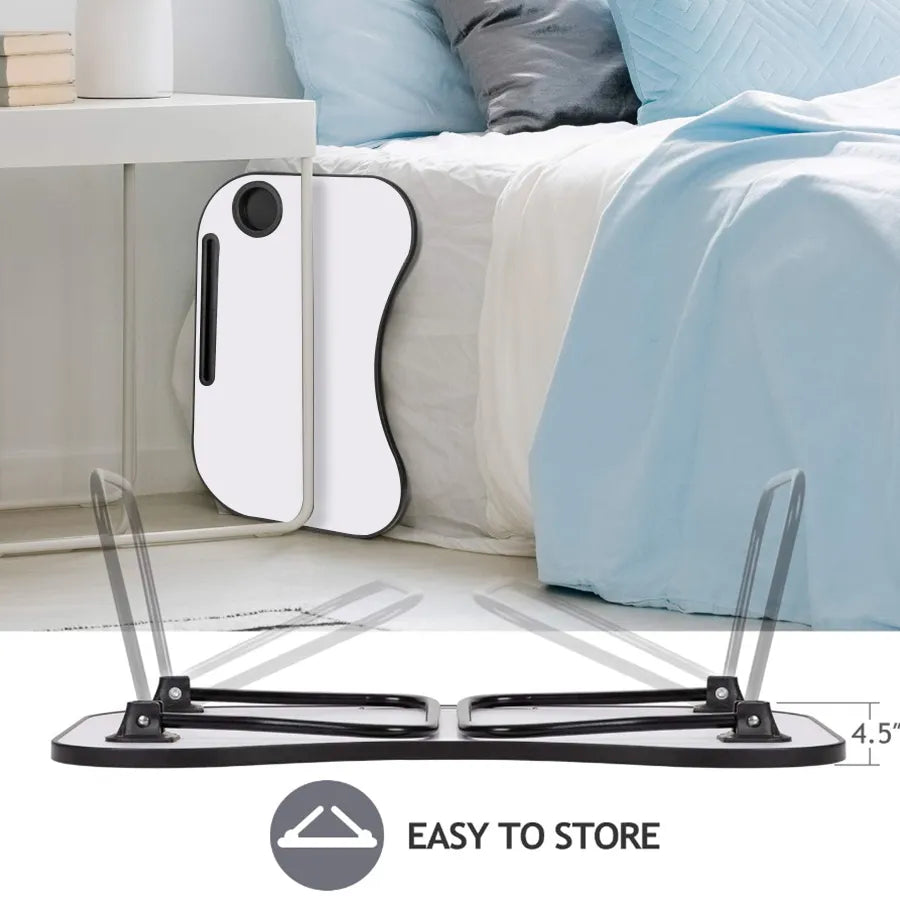 Foldable lap desk folded for storage with top slots and metal support legs