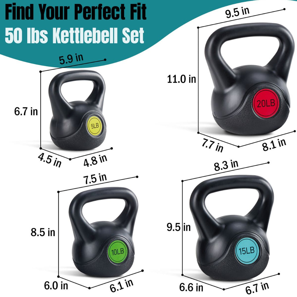Set of black kettlebells with wide handles and 5LB, 10LB, 15LB, 20LB colored badges