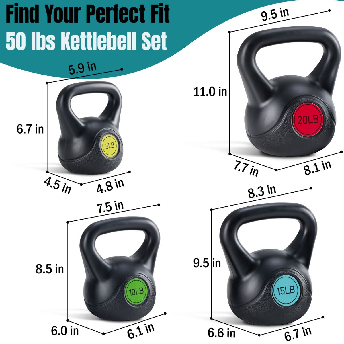 Set of black kettlebells with wide handles and 5LB, 10LB, 15LB, 20LB colored badges