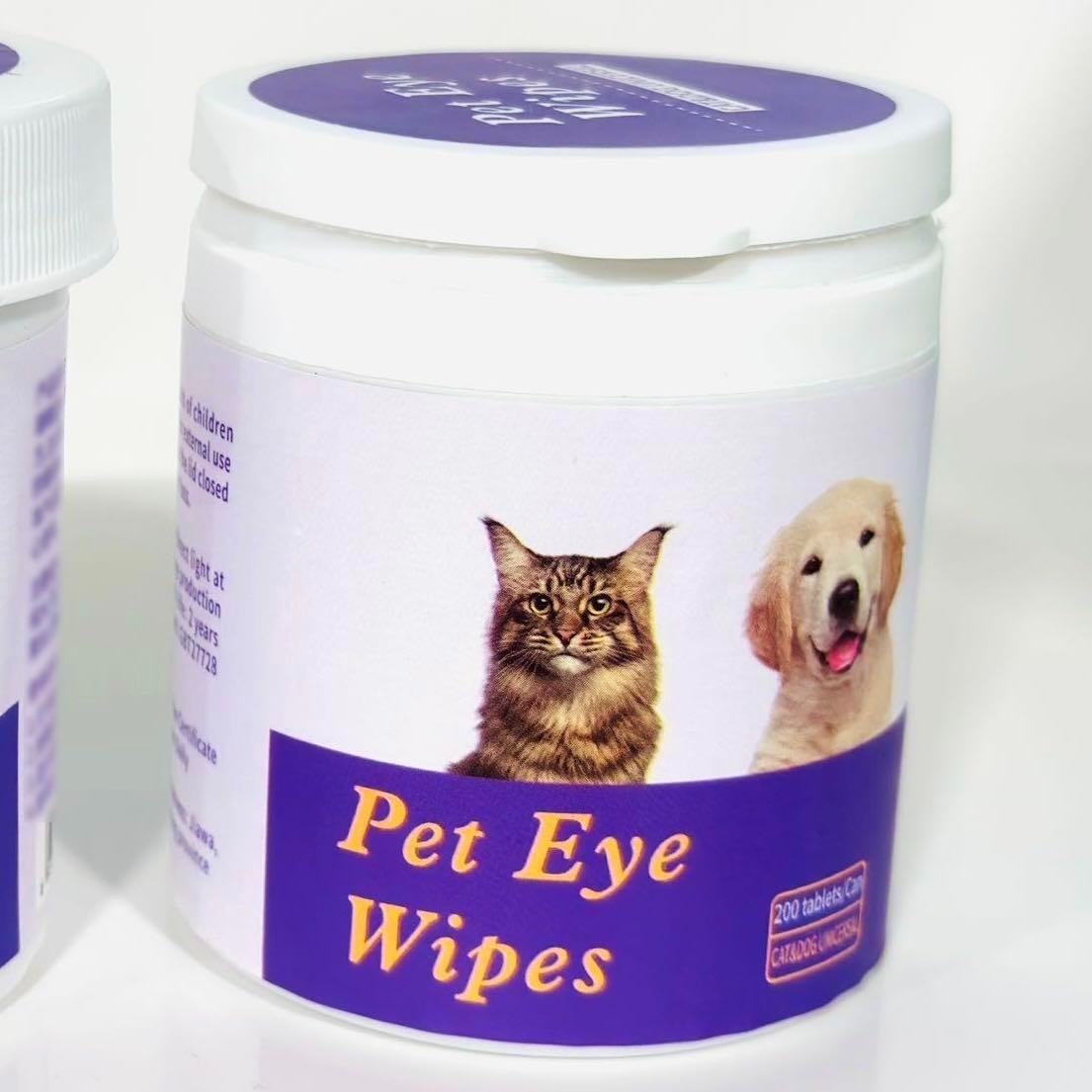 Pet Eye Wipes tub with purple label and cat & dog graphics, 200ct wipes container