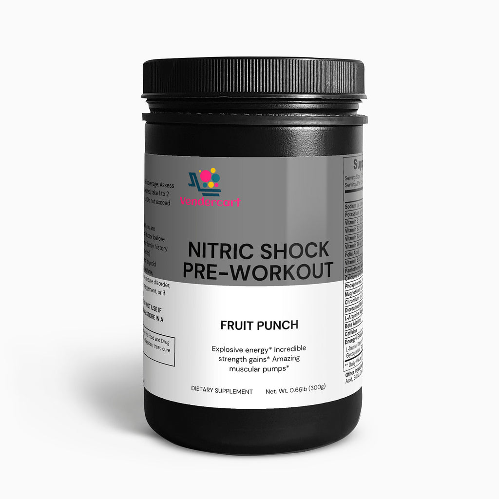 Nitric Shock pre-workout tub with Fruit Punch flavor label