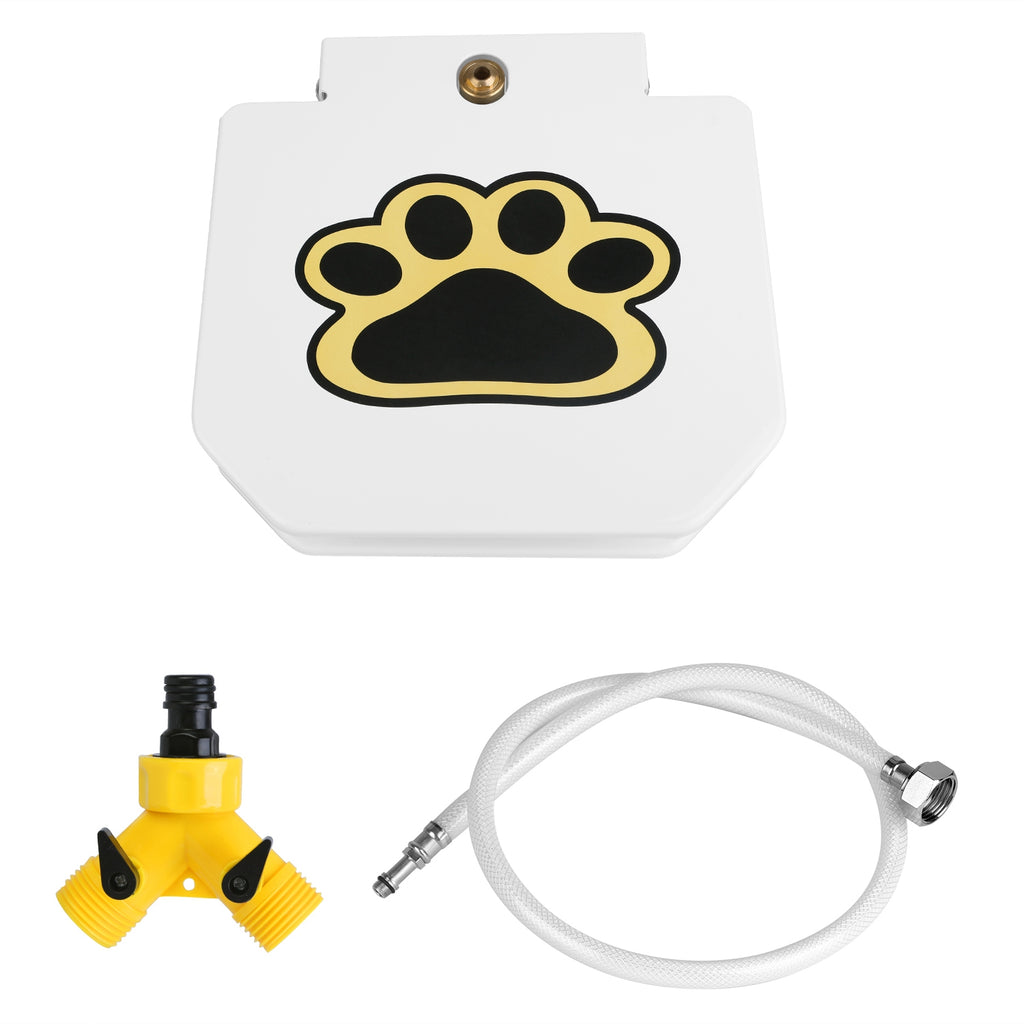 White dog water fountain pedal with paw-print face, hose and nozzle pieces