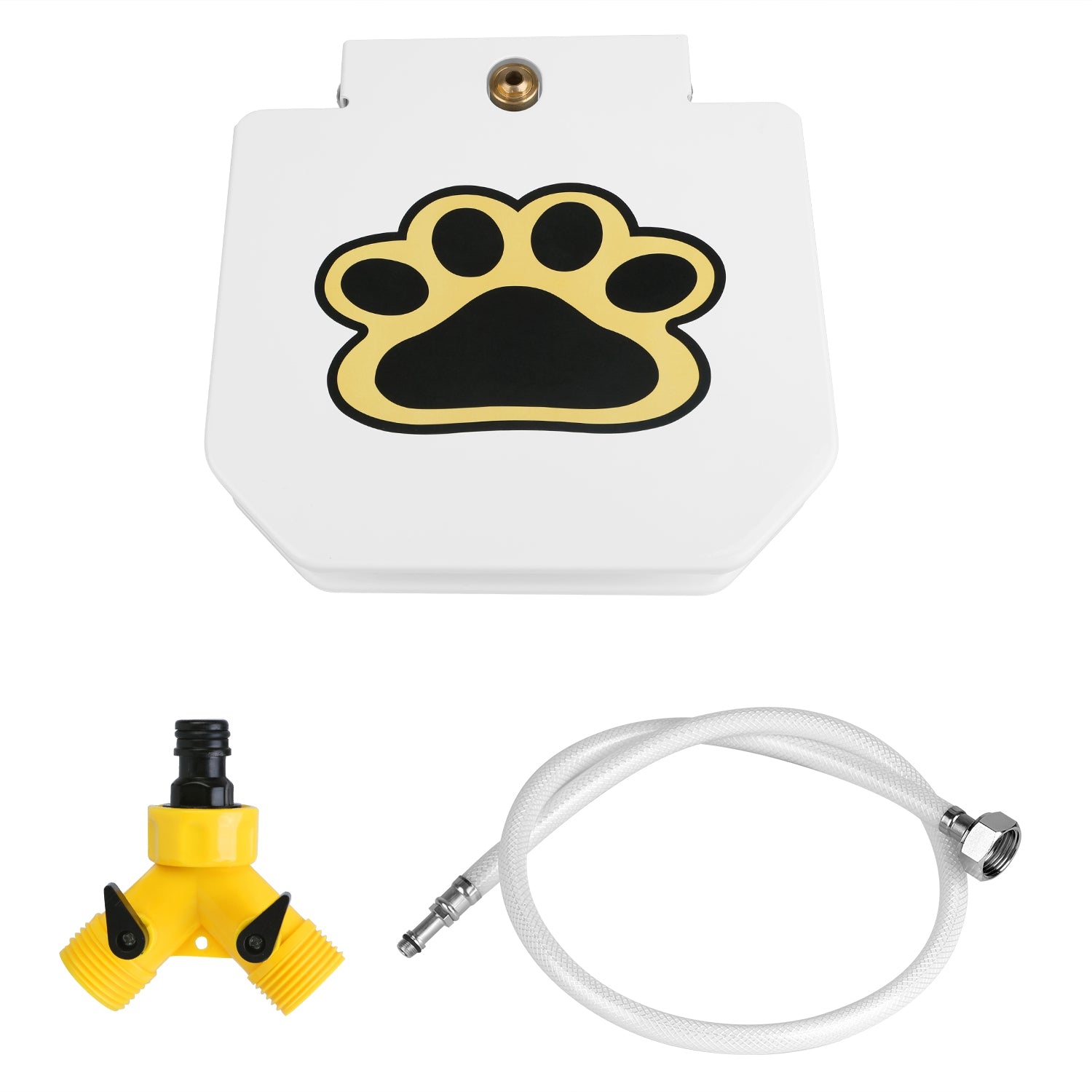 White dog water fountain pedal with paw-print face, hose and nozzle pieces