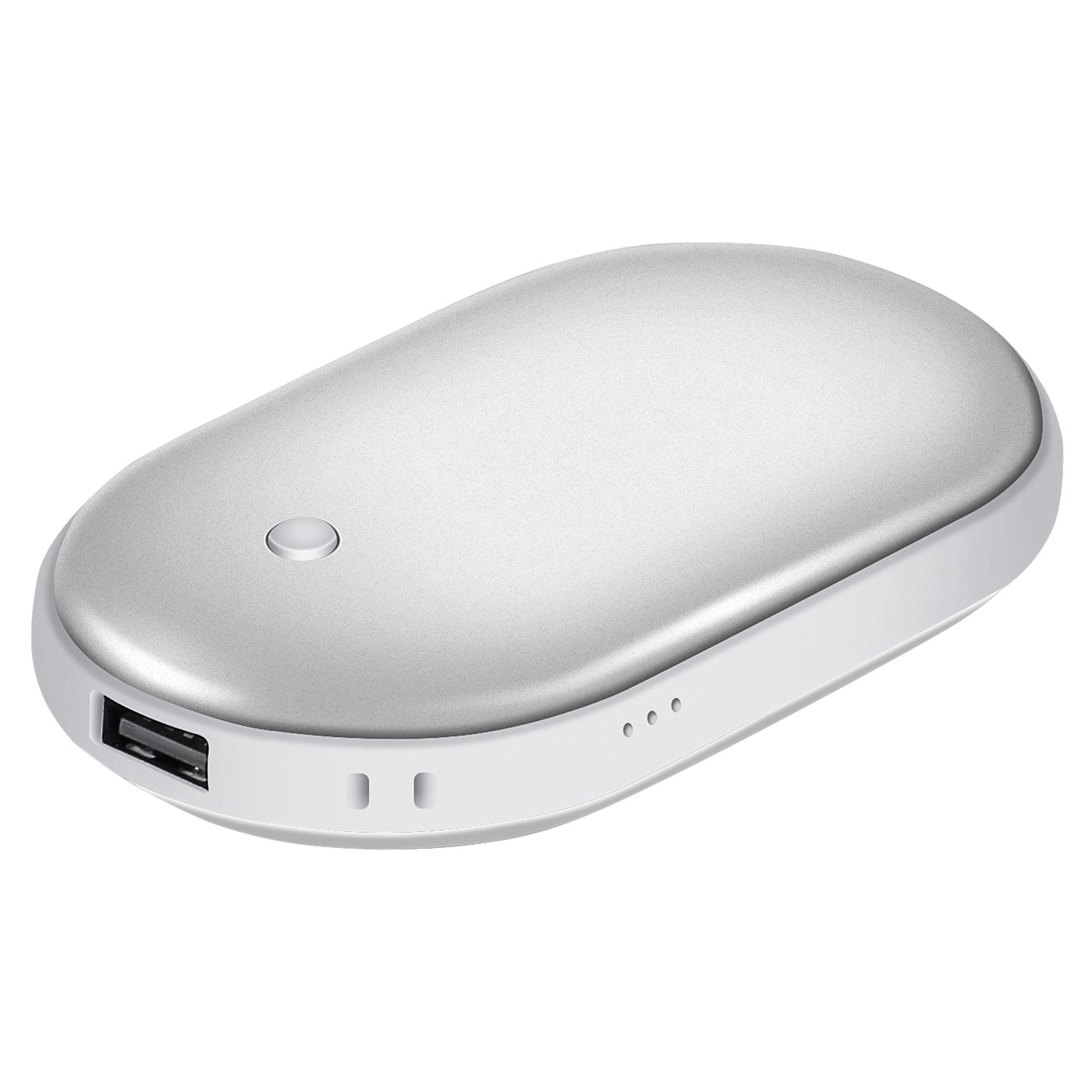 Silver hand warmer power bank with USB charging port