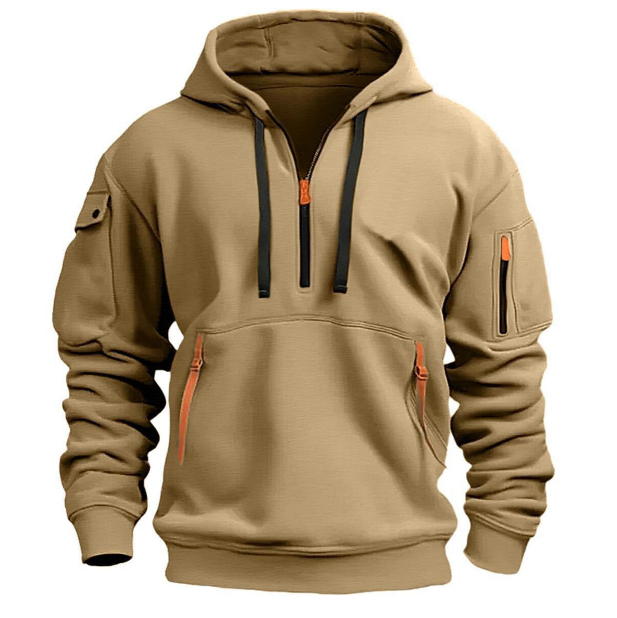 Oversized tan pullover hoodie with hood and drawstrings, kangaroo pocket, sleeve zip pockets