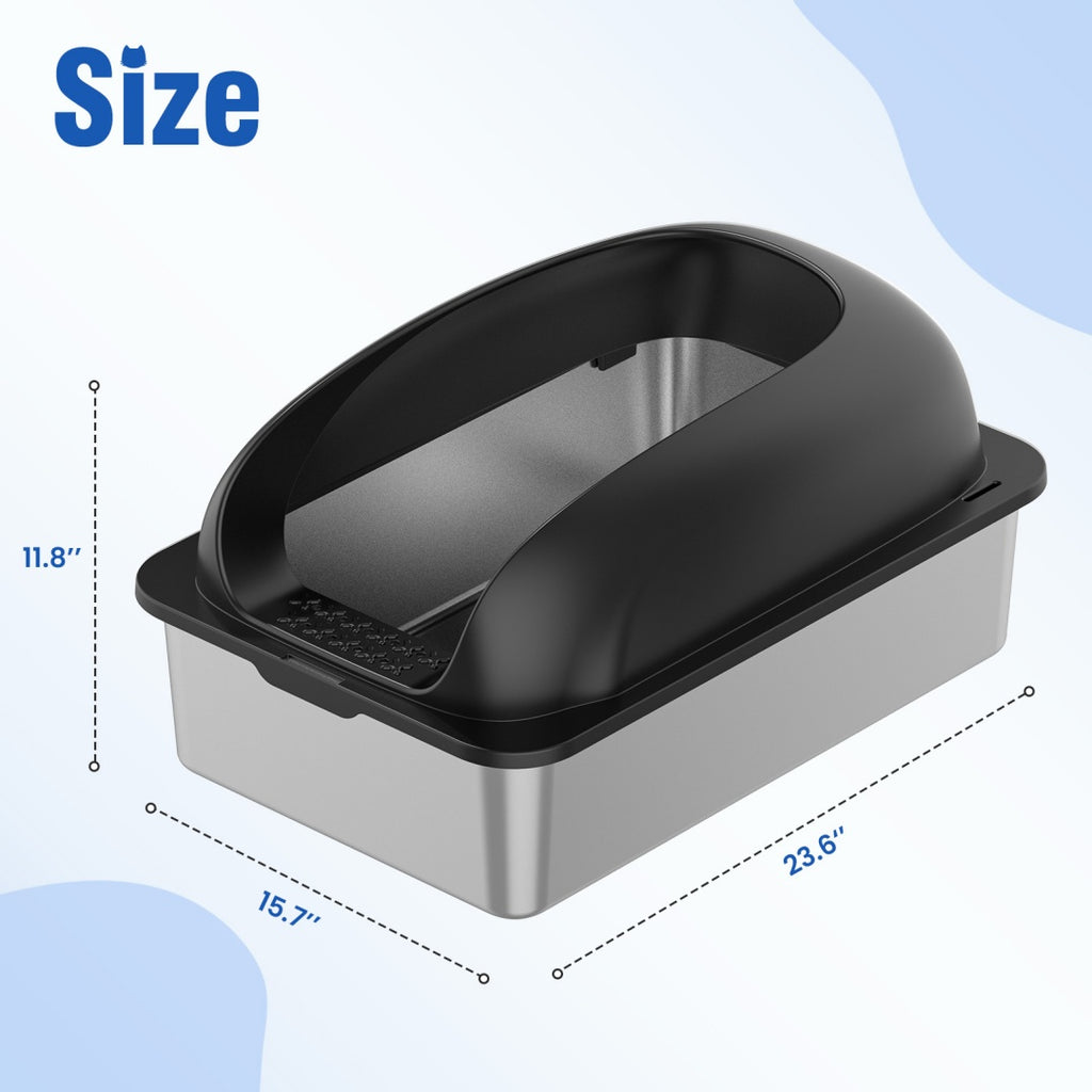 Large cat litter box with lid, dark hood and stainless steel sides, open entrance