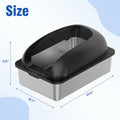 Large cat litter box with lid, dark hood and stainless steel sides, open entrance