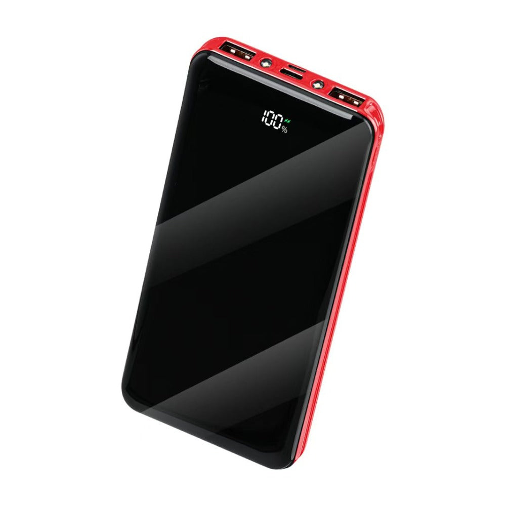 Portable power bank, red compact case with dual USB ports and battery % display