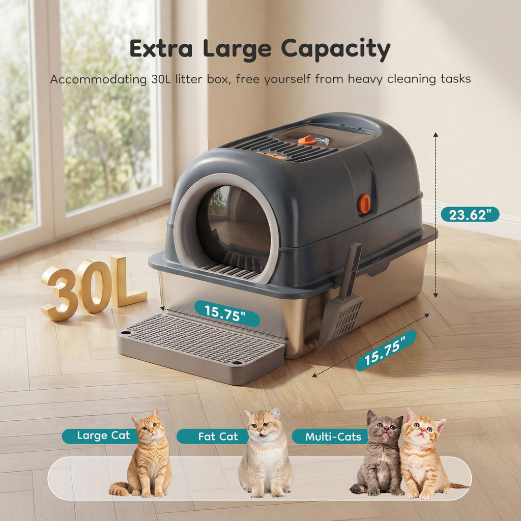 Extra-large double-entry convertible cat litter box with dark gray cover and gray base