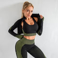 Black seamless 3-piece workout set with olive green trim: sports bra and leggings.