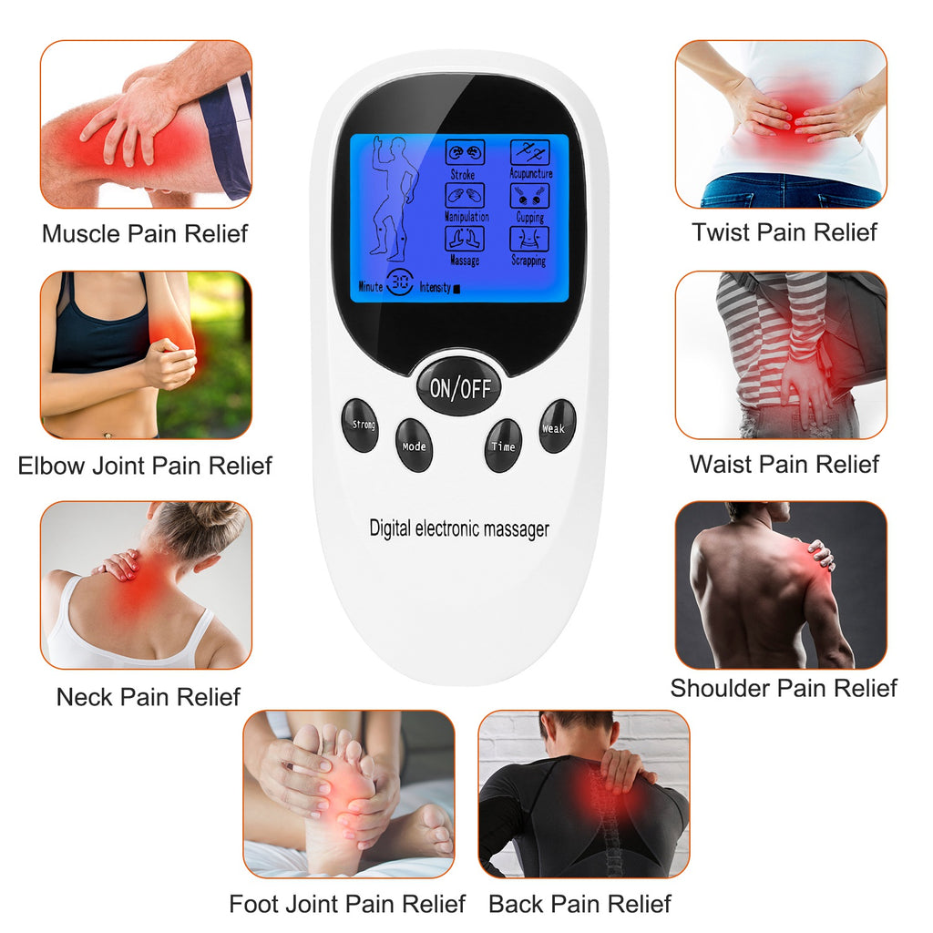 Wireless stimulator with electrode pads shown for pain relief on different body areas