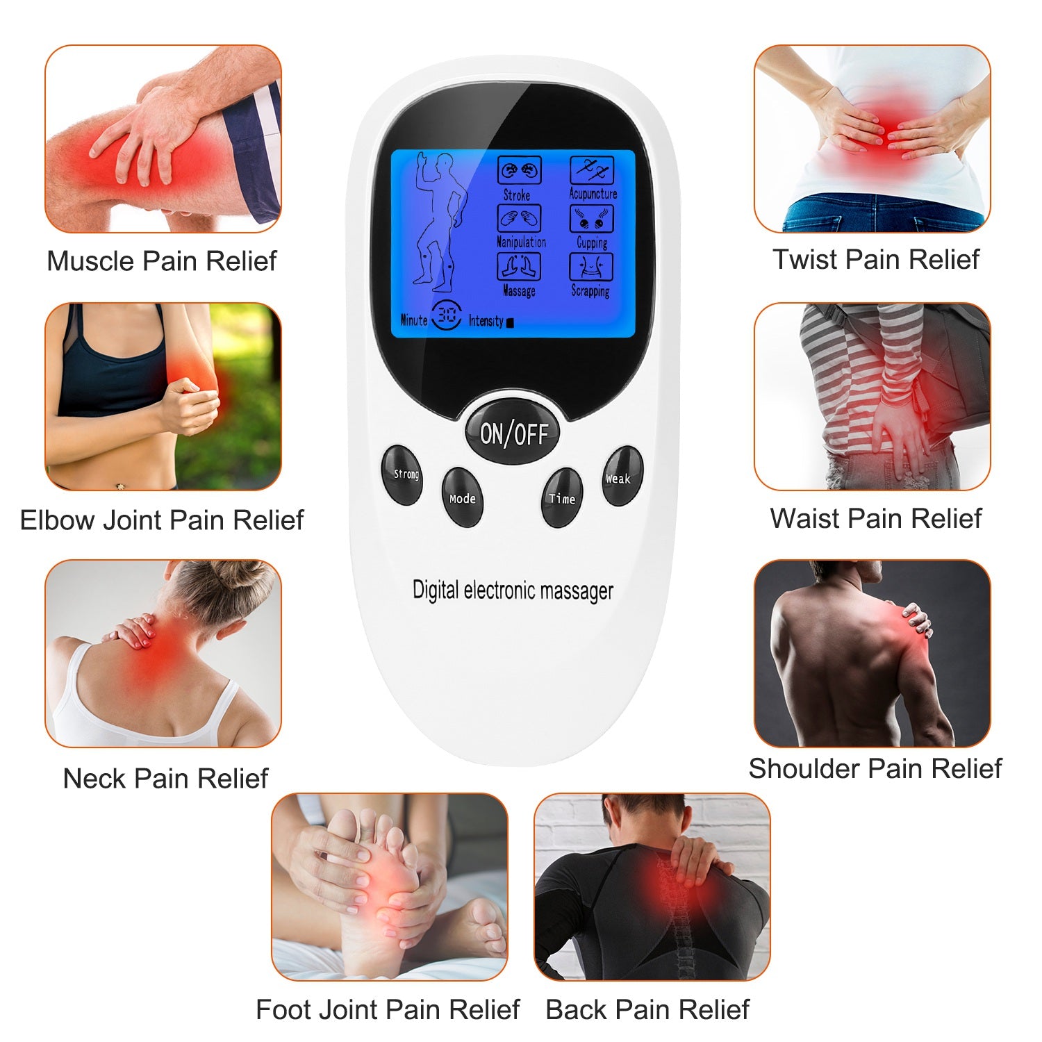 Wireless stimulator with electrode pads shown for pain relief on different body areas