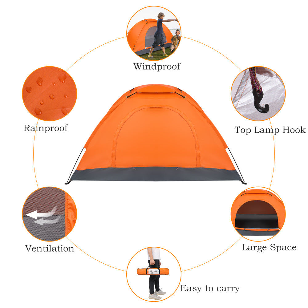 Orange 1-person dome tent with vented front and corner stakes