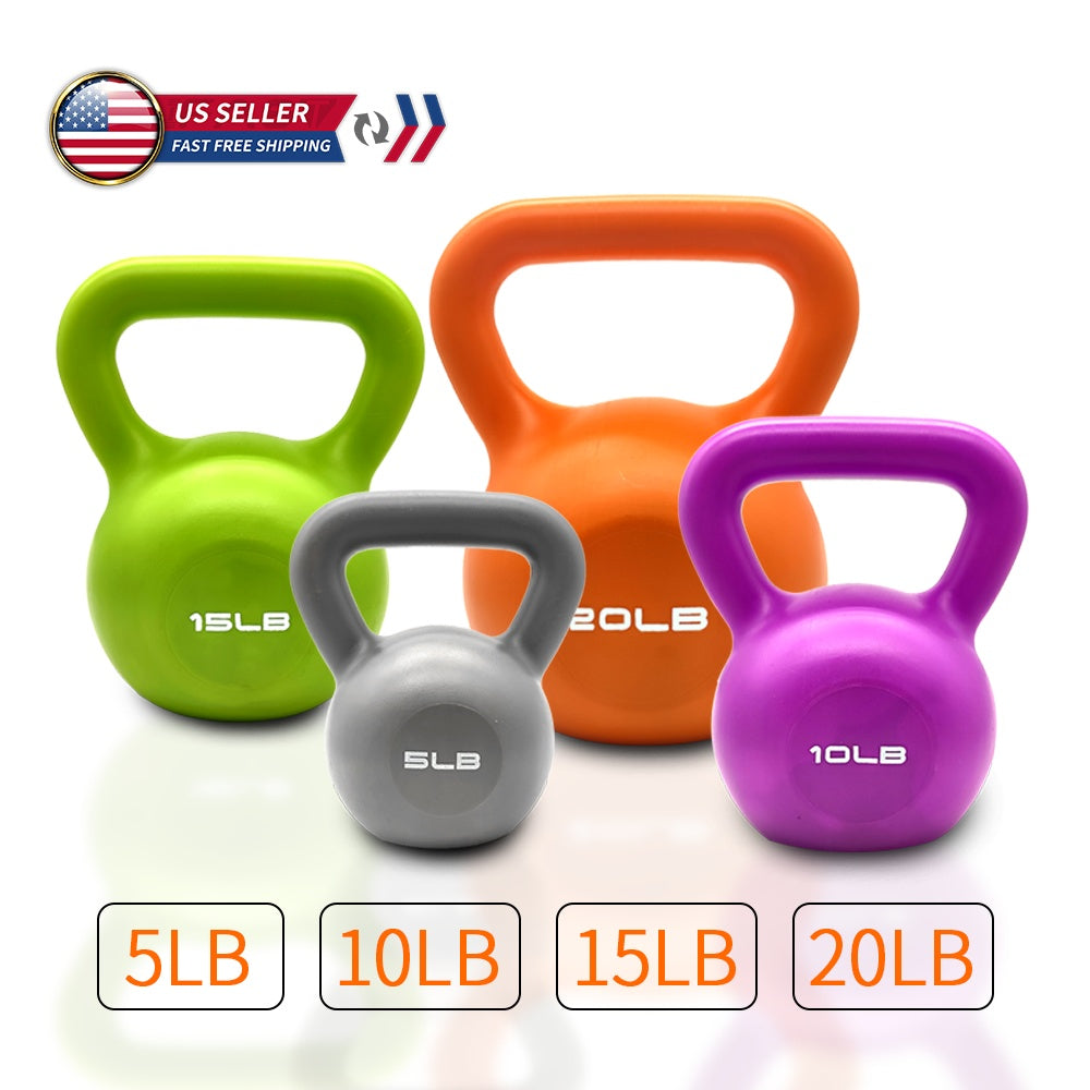 Set of vinyl kettlebells including purple 10LB and other weights