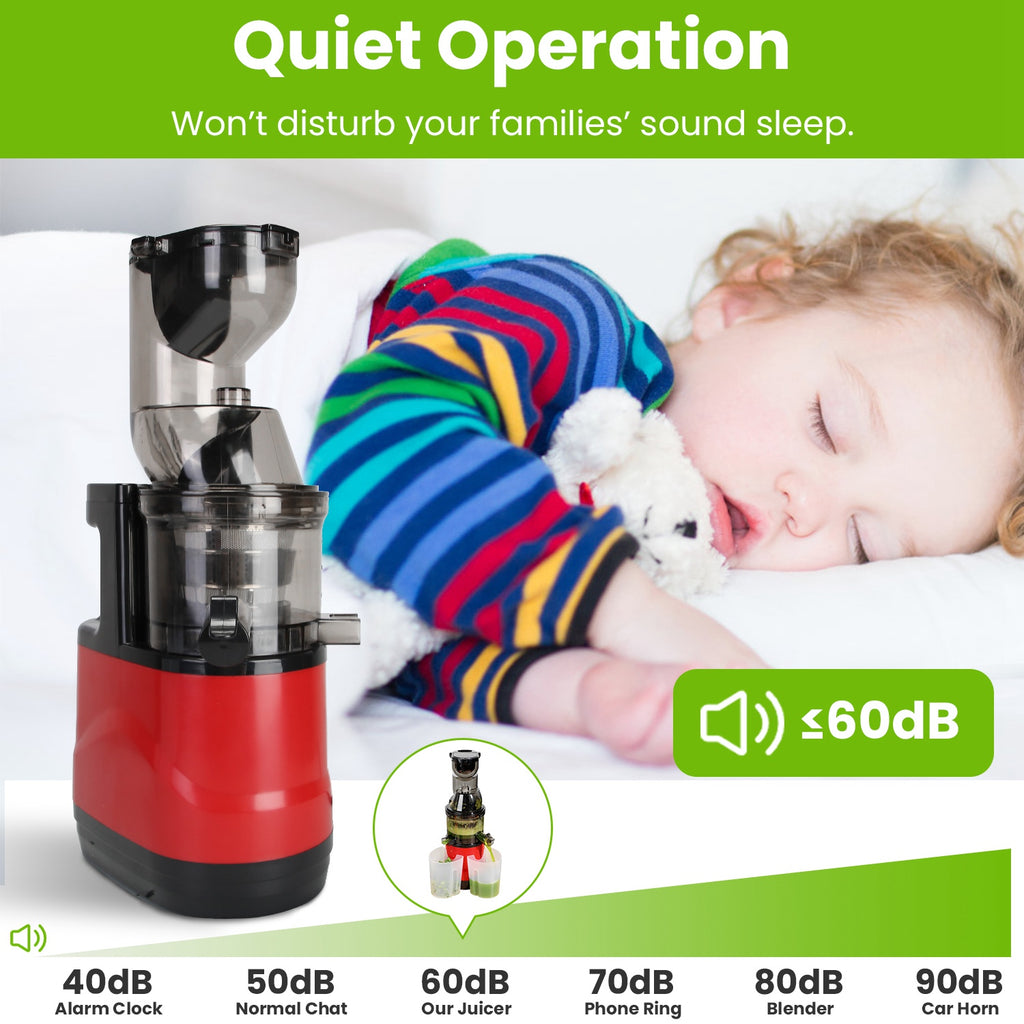 Red and black cold press juicer with clear hopper and stainless spout, standing upright.