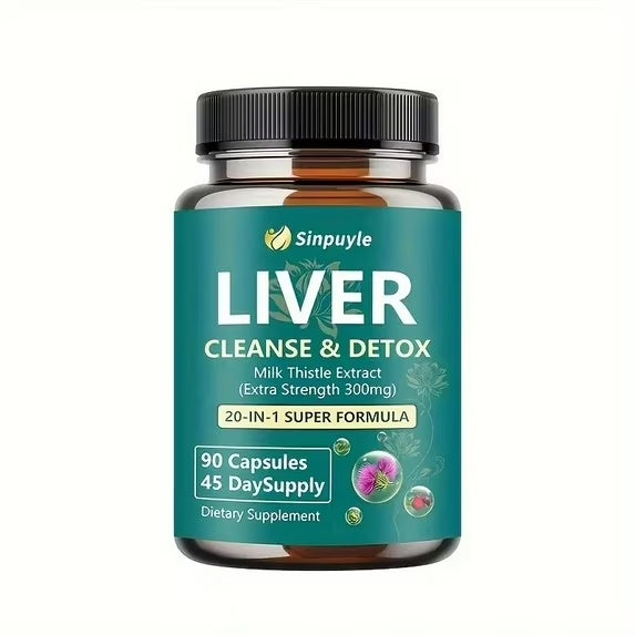 Liver cleanse & detox supplement bottle, Milk Thistle extract 300mg, 90 capsules, 20-in-1